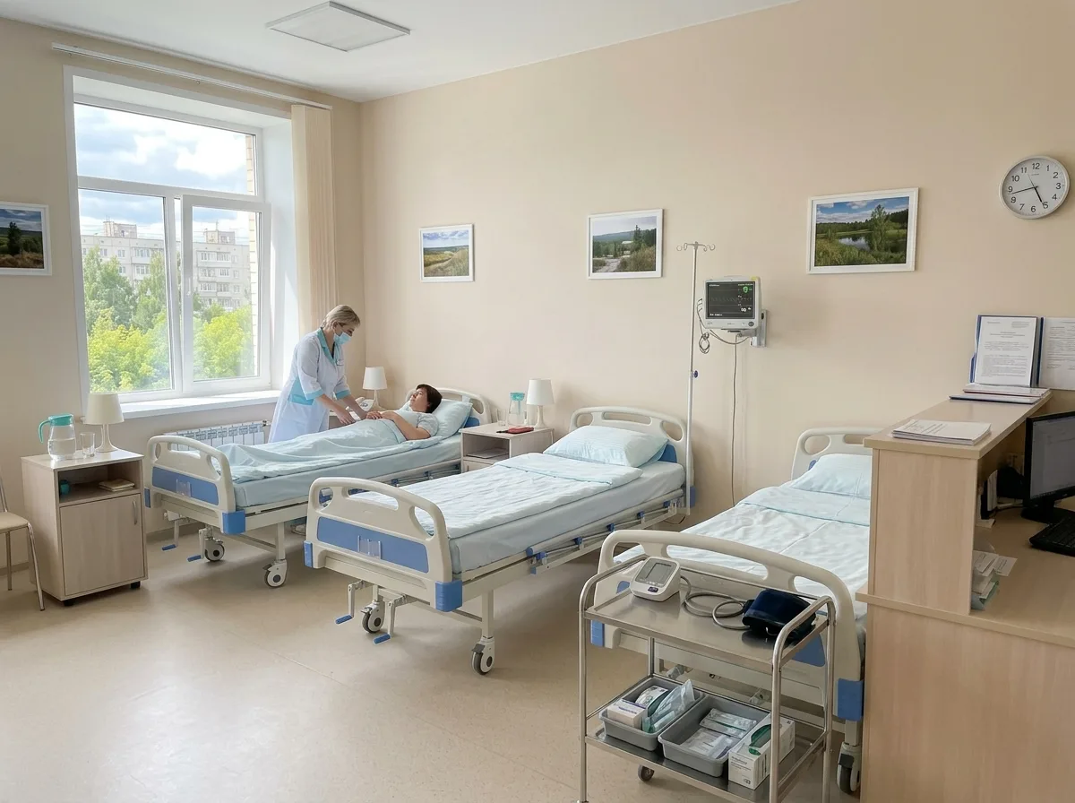 Светлая палата наркологической клиники в Нижнем Новгороде — аккуратные кровати, медицинское оборудование, успокаивающая атмосфера, дневное освещение