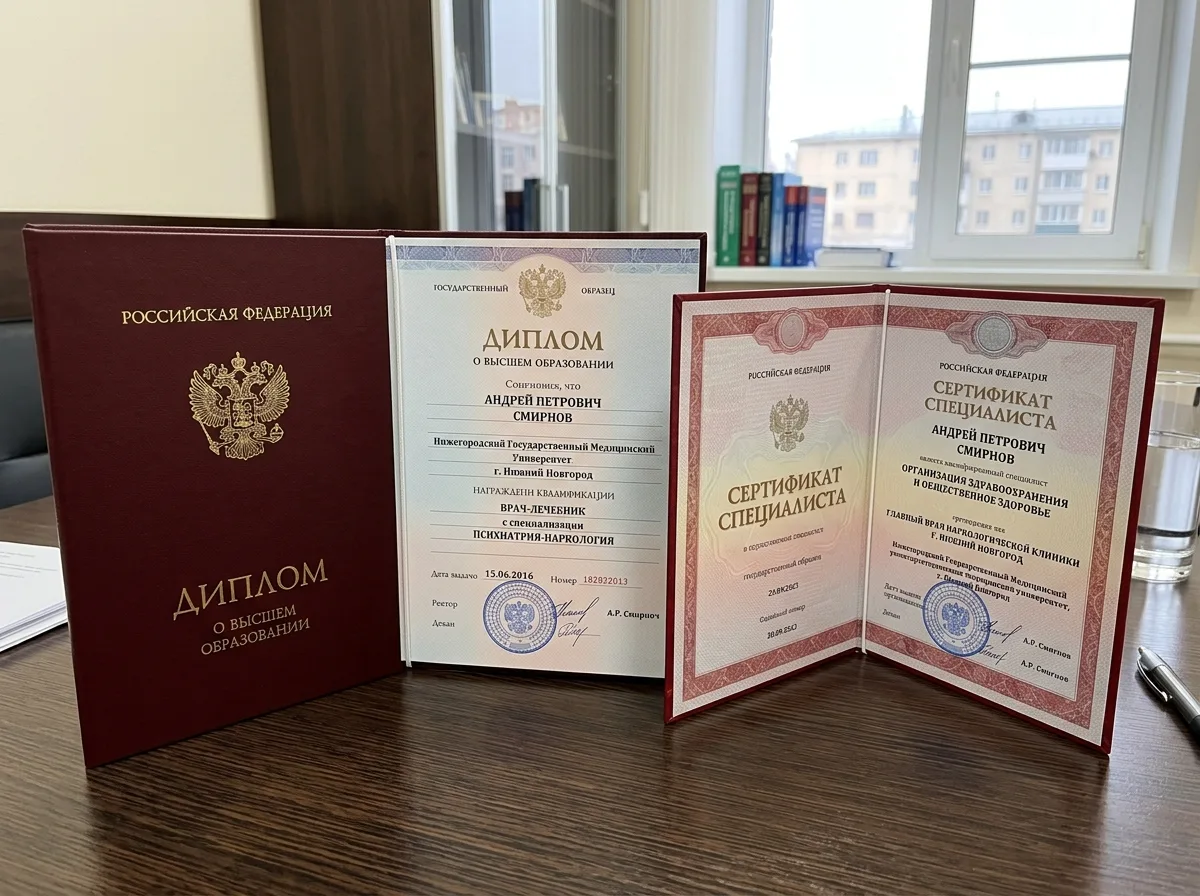 Диплом и сертификат специалиста главного врача наркологической клиники Нижний Новгород — государственный образец